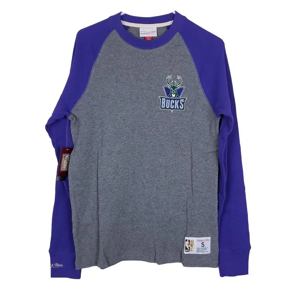 Milwaukee Bucks Mitchell & Ness NBA Small Longsleeve Shirt Gray‎ Purple NWT
